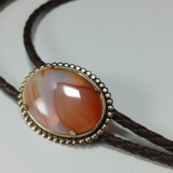 Unknown Other - Vintage Agate Bolo Tie in Bezel Setting Braided Leather Rope Bullet Style Ties